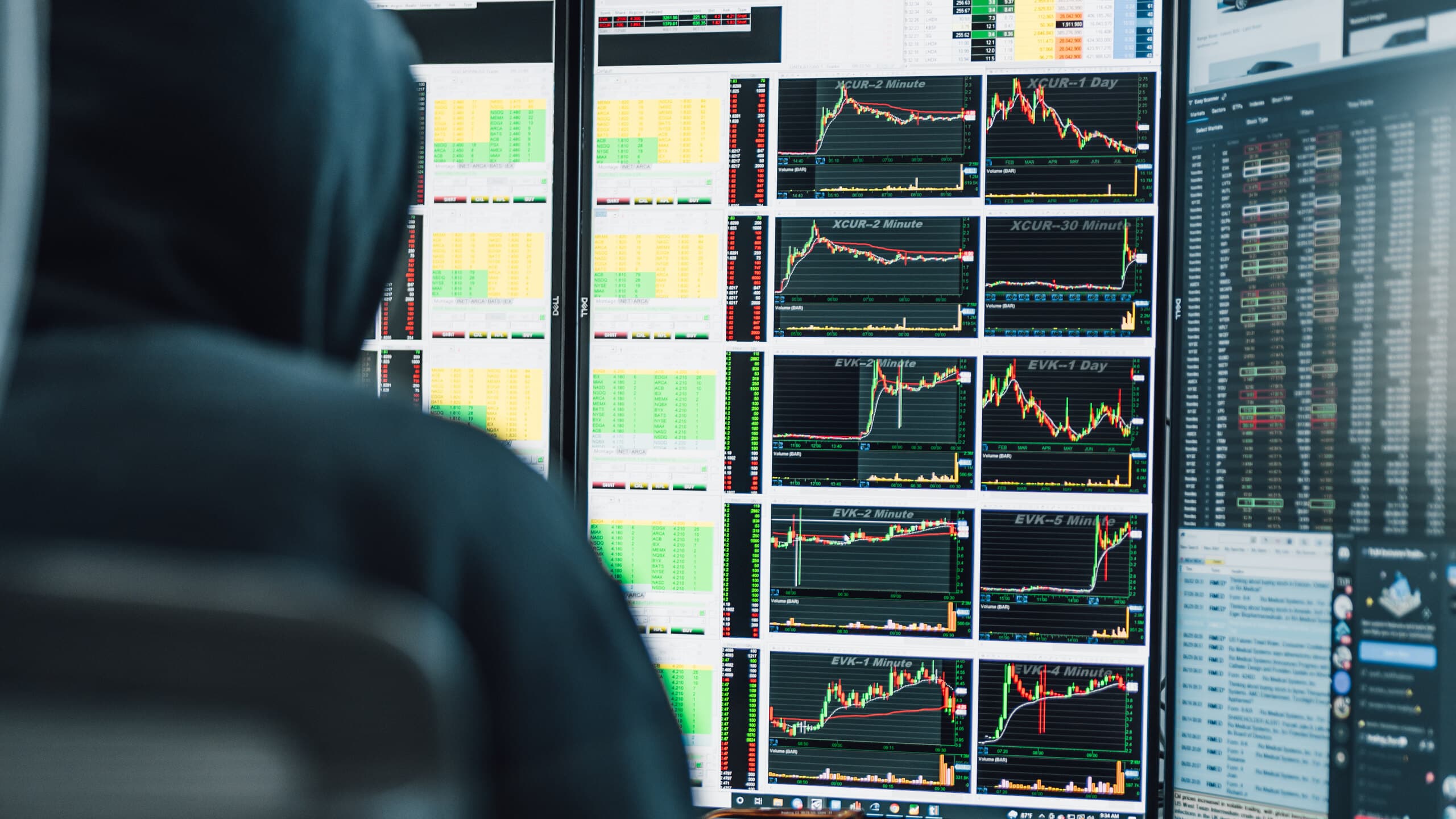 A TLM trader watching the tape across a wall of monitors